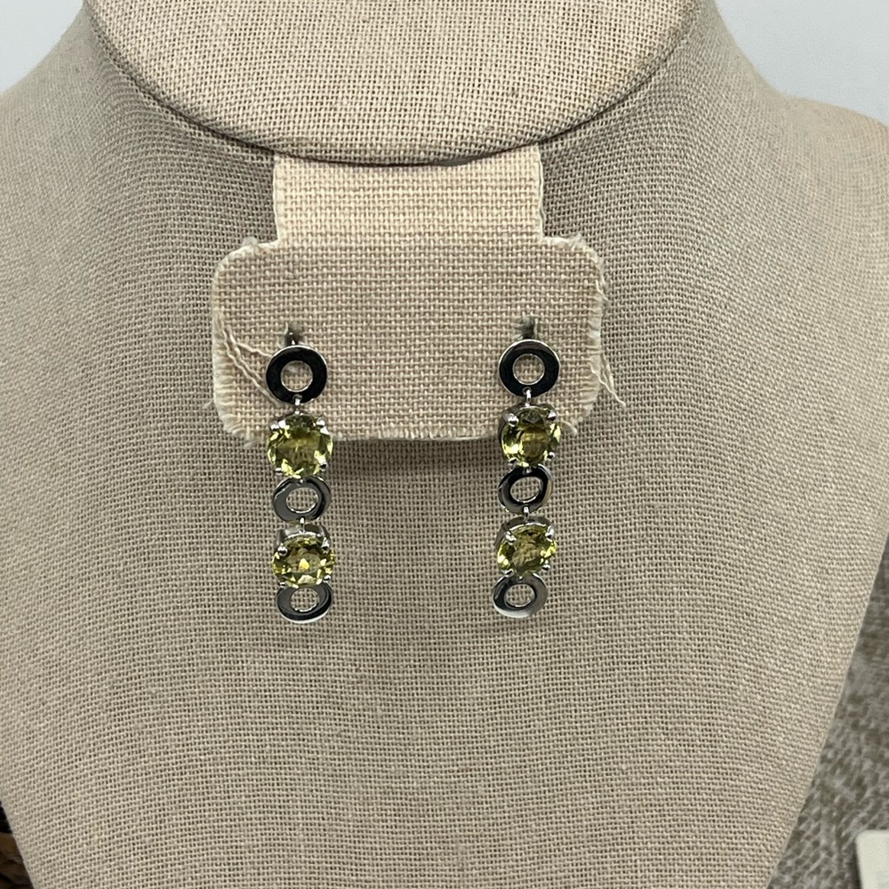Vintage KN 925 Sterling Silver Yellow-Green Gemstone Dangle Earrings - Picture 13 of 17